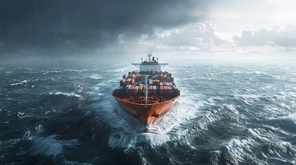 Fototapeta premium A large cargo ship navigates through turbulent waters under a dramatic sky, symbolizing maritime industry and global trade.