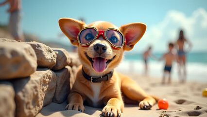 A Joyful Dog in Goggles Enjoying a Day at the Beach with Its Human Friends