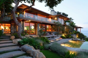 Obraz premium Luxurious modern home overlooking the ocean is glowing at sunset with the pool illuminated