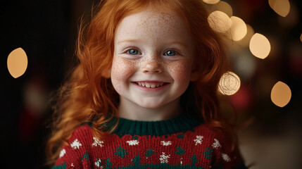 Xmas vibes - cute kid child redhead girl wearing christmas outfit smiling at the camera. Horizontal banner