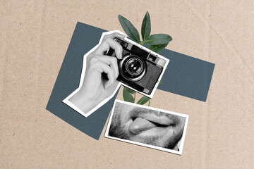 Creative collage picture human hand photographer face fragment mouth tongue excited lick lips...
