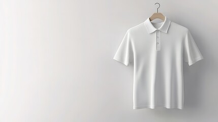 A simple white polo shirt hangs on a hook against a minimalist background, showcasing a classic and versatile clothing style.