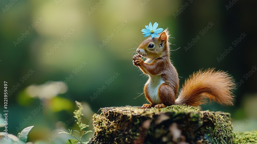 Wall mural   A blue-flowered squirrel rests on a mossy log, gazing at the camera