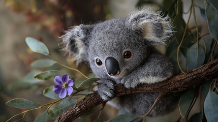 Fototapeta premium A close-up of a koala on a tree branch with a vivid purple flower in the foreground and a blurry background