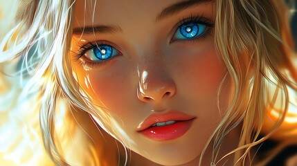 Fototapeta premium Closeup Portrait of Woman with Bright Blue Eyes