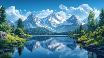 Fototapeta premium A serene mountain lake with snow-capped peaks reflected in the crystal clear water under a bright blue sky with puffy clouds.