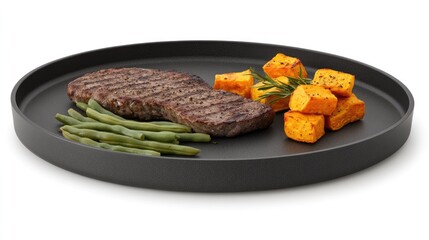 A beautifully prepared grilled steak rests on a white plate, accompanied by fresh green beans and roasted orange sweet potatoes, inviting a delicious meal