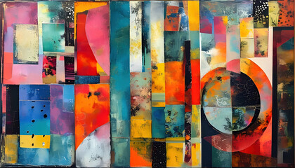 Fototapeta premium Abstract multicolor artwork painted with oil paints with vibrant blocks of color, including reds, blues, oranges, and yellows, creating dynamic contrasts and layered textures.