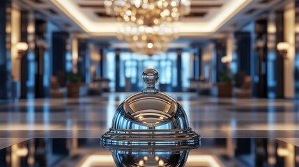Hotel bell with a reflection of chandeliers above, elegant hotel interior background generative ai