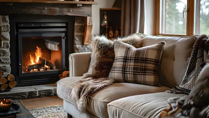 Fototapeta premium Beige Sofa with Plaid and Fur Cushions Against Fireplace in Cozy Scandinavian Interior Design of Modern Living Room