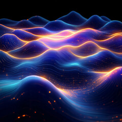 Obraz premium Wavy neon lines in shades of blue and orange ripple through the dark, creating a vibrant and futuristic energy across the digital landscape