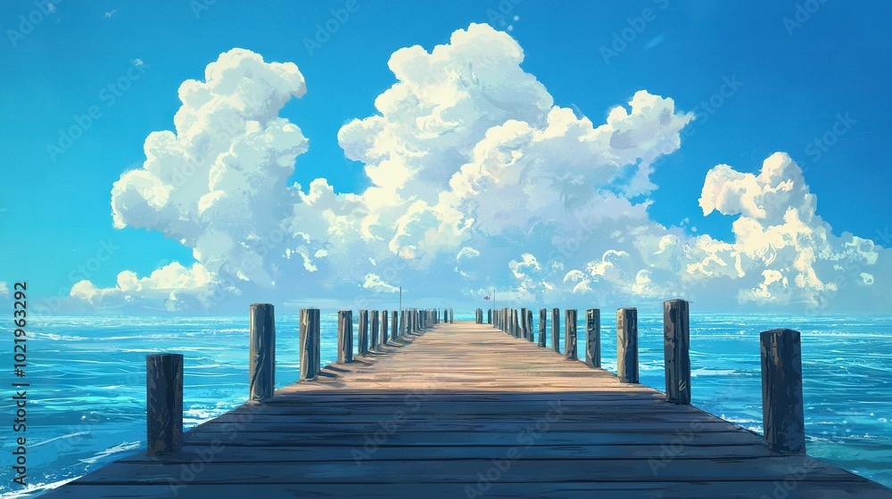 Canvas Prints   A pier in a lake under blue-gray skies, surrounded by white clouds