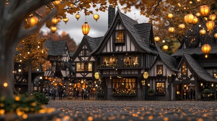 Fototapeta premium Lanterns glow gently in the night sky, illuminating the faces of people gathered in a lively ancient square street filled with vibrant colors and festive energy