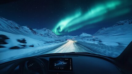 Northern Lights illuminate the sky, seen from inside a car generative ai