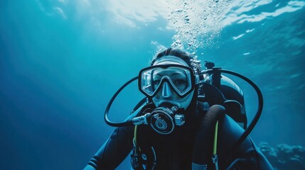 Diver underwater, marine research, clean layout, , copy space