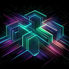 Geometric structure in neon green and purple glows against a dark background, with radiant lines extending outward