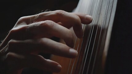 A close-up of a hand gracefully playing instrument strings, highlighting the artistry and emotion...