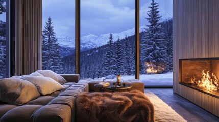 Luxurious winter interior with a fur throw on a velvet sofa, a lit fireplace, and a panoramic snowy view generative ai