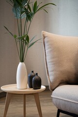 Minimalist Living Room Corner:  A serene and inviting living room corner with a plush beige sofa, a natural wood side table.
