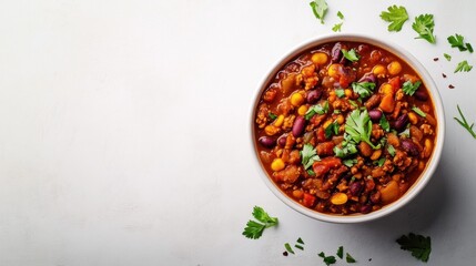 Bowl of vegan chili bright background clean layout minimal elements copy space