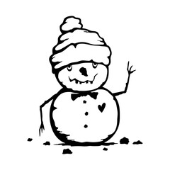 Snowman character. Outline ink drawing. Black silhouette. Front view. Vector simple flat graphic hand drawn illustration. Isolated object on white background. Isolate.