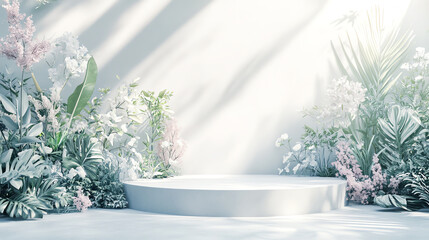 A serene display featuring lush greenery and delicate flowers around a minimalistic circular platform against a soft, bright backdrop.