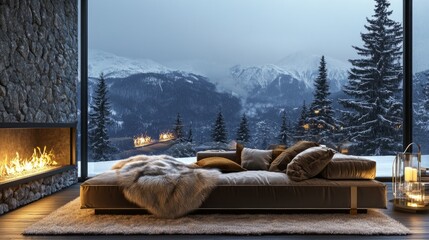 Luxurious winter interior with a fur throw on a velvet sofa, a lit fireplace, and a panoramic snowy view generative ai