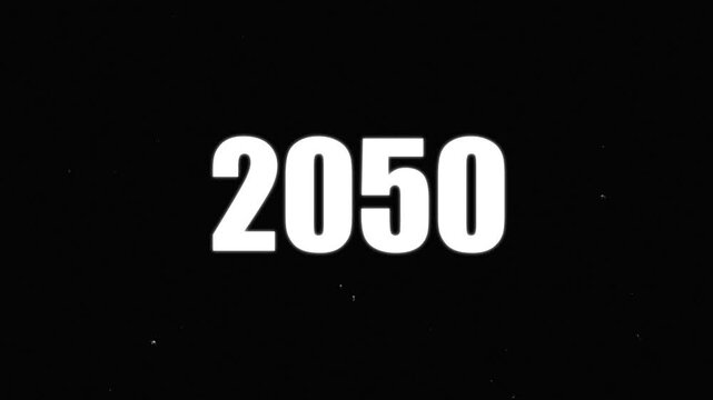 2050 text with screen effects of technological failures. Modern flip calendar turning through the years from 2050 , Spectacular screen glitch with various kinds of interference  - 3D 4k animation