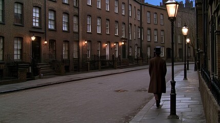 A man dressed in Victorian fashion strolls through a dimly lit alley at night, his silhouette framed by the warm glow of a nearby gas lamp amidst a mysterious fog