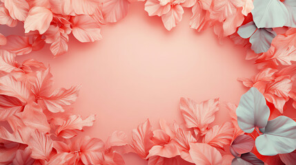 Beautiful pink and blue flowers arranged in a symmetrical frame against a soft pastel background, ideal for spring themes and floral designs.