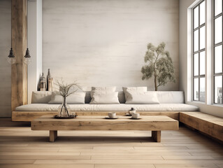 Simple minimalist japandi and wabi sabi style living room with reclaimed wood furniture in neutral colors. Reused materials furniture. Rustic interior.