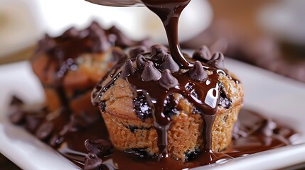 Chocolate chip muffins with melting chocolate on top.