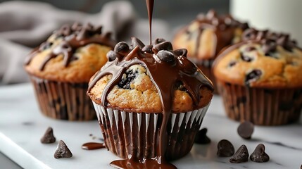 Chocolate chip muffins with melting chocolate on top.