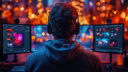 A film editor working on multiple monitors with vibrant bokeh lighting. The setup includes headphones, highlighting focus and creativity in video production