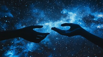 two hands approaching, silhouetted against a twilight sky full of stars. generative ai