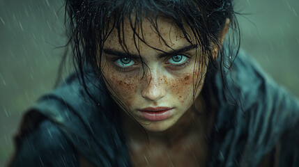 A young beggar, 26 years old. She has dirty hair and wears old clothes. She is walking in the rain 