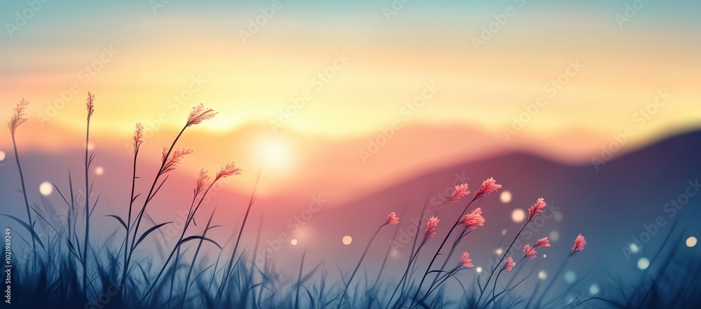 Poster beautiful blurred background of sunset over the mountains with tall grass in focus beautiful blurred
