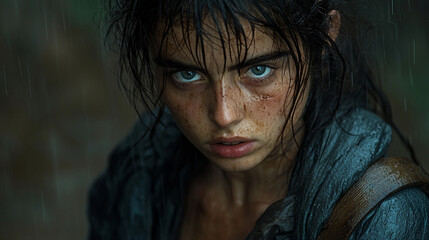 A young beggar, 26 years old. She has dirty hair and wears old clothes. She is walking in the rain 