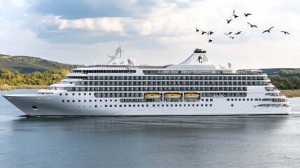 A luxury cruise ship glides over calm ocean waters during a stunning sunset, with warm colors illuminating the sky and birds soaring above, evoking a sense of adventure