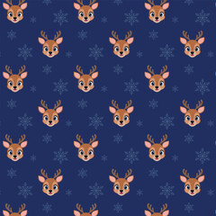 Seamless repeating pattern of deer with snowflakes.
