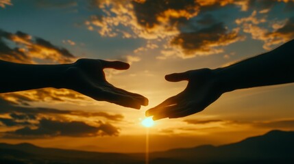 two outstretched hands, silhouetted against a golden sunset sky generative ai
