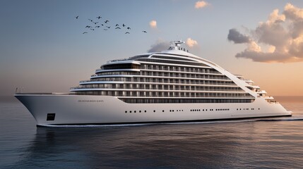 A luxury cruise ship glides over calm ocean waters during a stunning sunset, with warm colors illuminating the sky and birds soaring above, evoking a sense of adventure