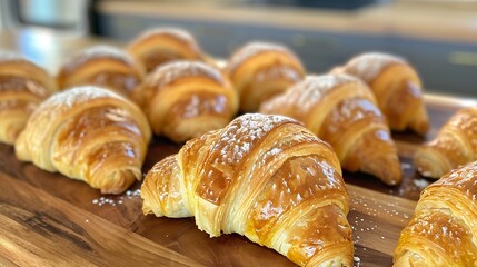 Freshly baked croissants arranged neatly on a wooden board.