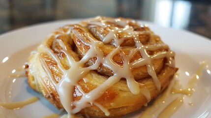 Golden cinnamon rolls drizzled with icing, resting on a white plate.