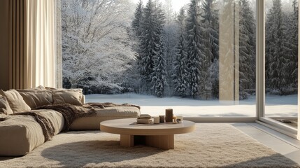 Minimalist winter living room with a light wooden coffee table, warm blanket, and snowy forest outside generative ai