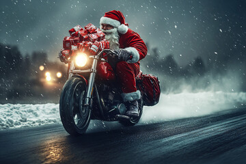 Santa Claus Driving Fast on Motorcycle Full of Gifts on Winter City Road: Delivery and Sale Concept