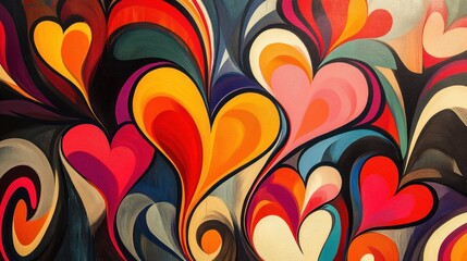 Abstract art with colorful hearts and swirls.