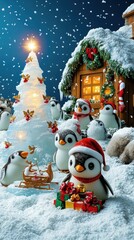Obraz premium Charming Christmas Penguin Scene with Snowy Trees and Festive Decorations Under a Starry Winter Night Sky in an Enchanted Village