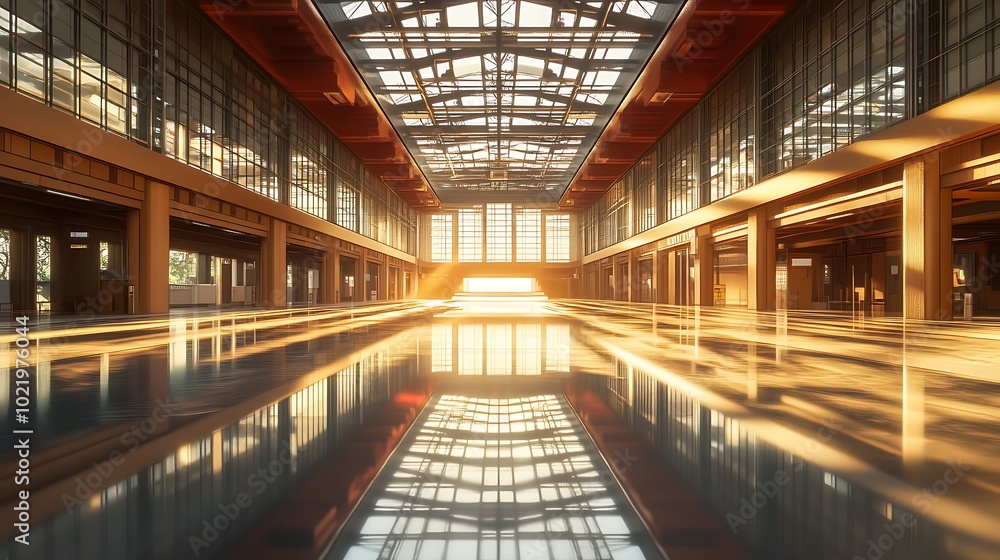 Poster modern architecture with reflective pool and sunset