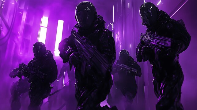 Silhouettes of futuristic soldiers with weapons in neon purple light. Cyberpunk, sci fi, military, action, and digital art theme.